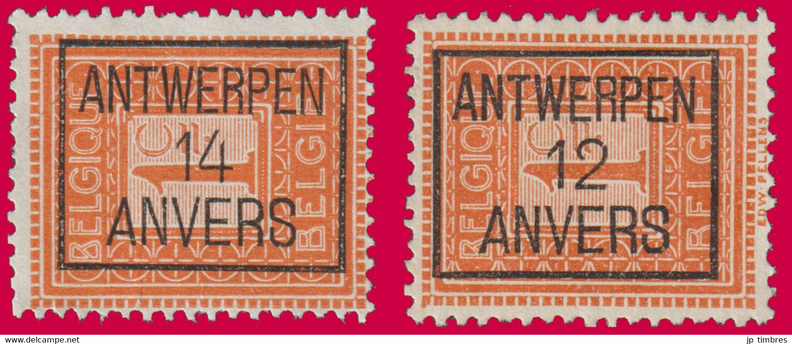 PRE ANTWERPEN 12 (Cat.: Typo 20b & 14 (Cat.: Typo 44b) ANVERS - Typos 1912-14 (Löwe)