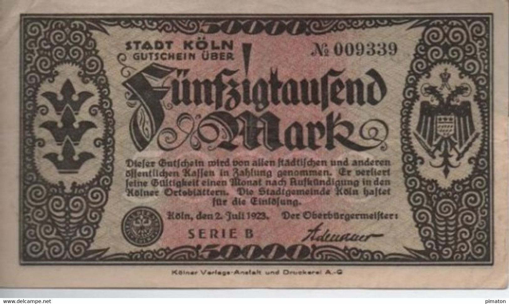 Notgeld Stadt Koln     50 000 Mark   2 - 7 - 1923 (Signature D'Adenauer ) - Non Classés