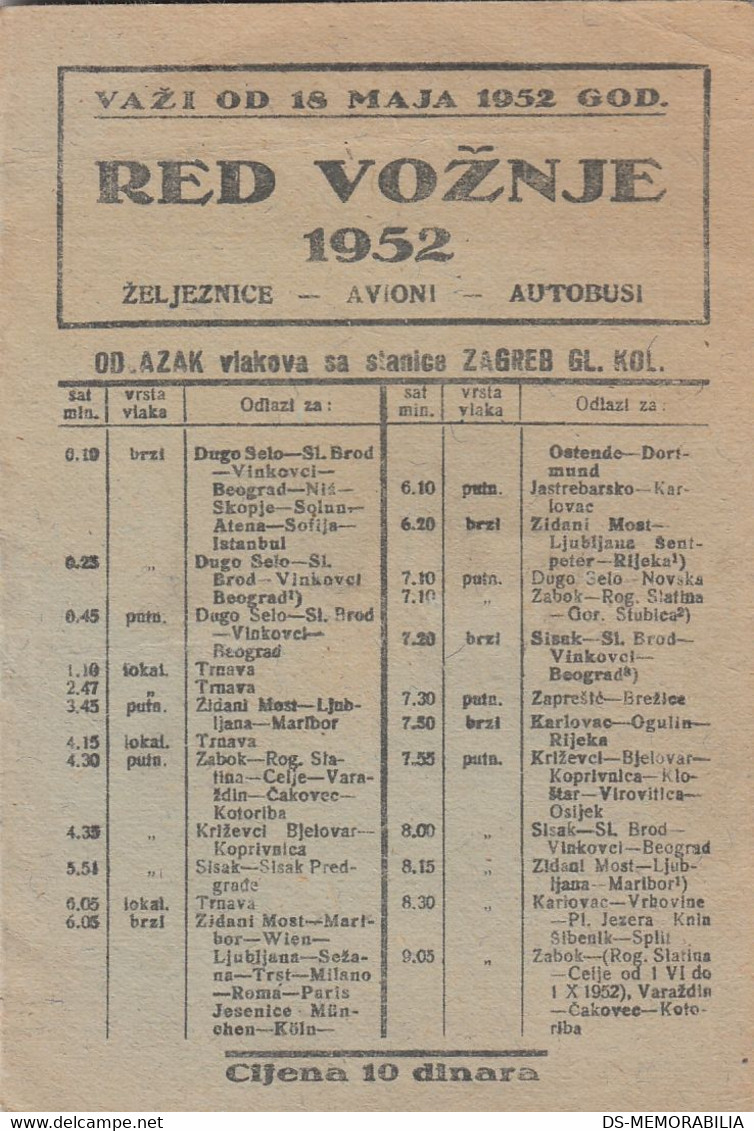 1952 Yugoslavia Railways Aviation Bus Transport Timetable Zagreb Main Station - Europe