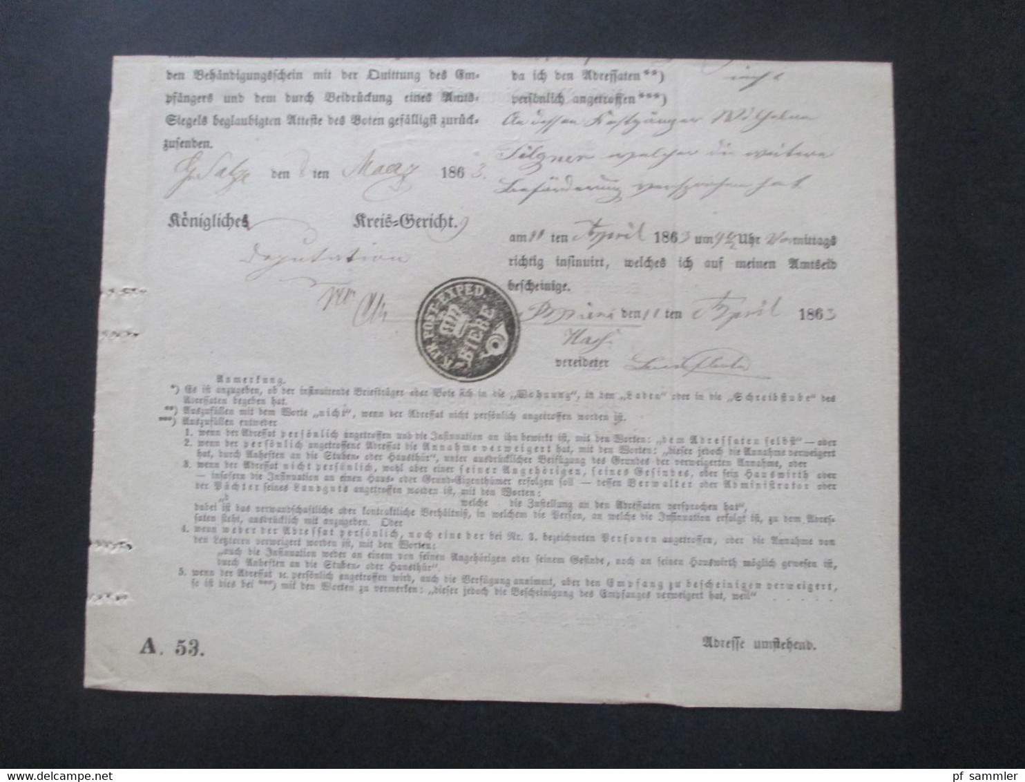 Altdeutschland Sachsen 30.4.1863 Beleg / Post Behändigungsschein Portofreie Justizsache Stp. K. Pr. Post Exped. Biere - Saxony