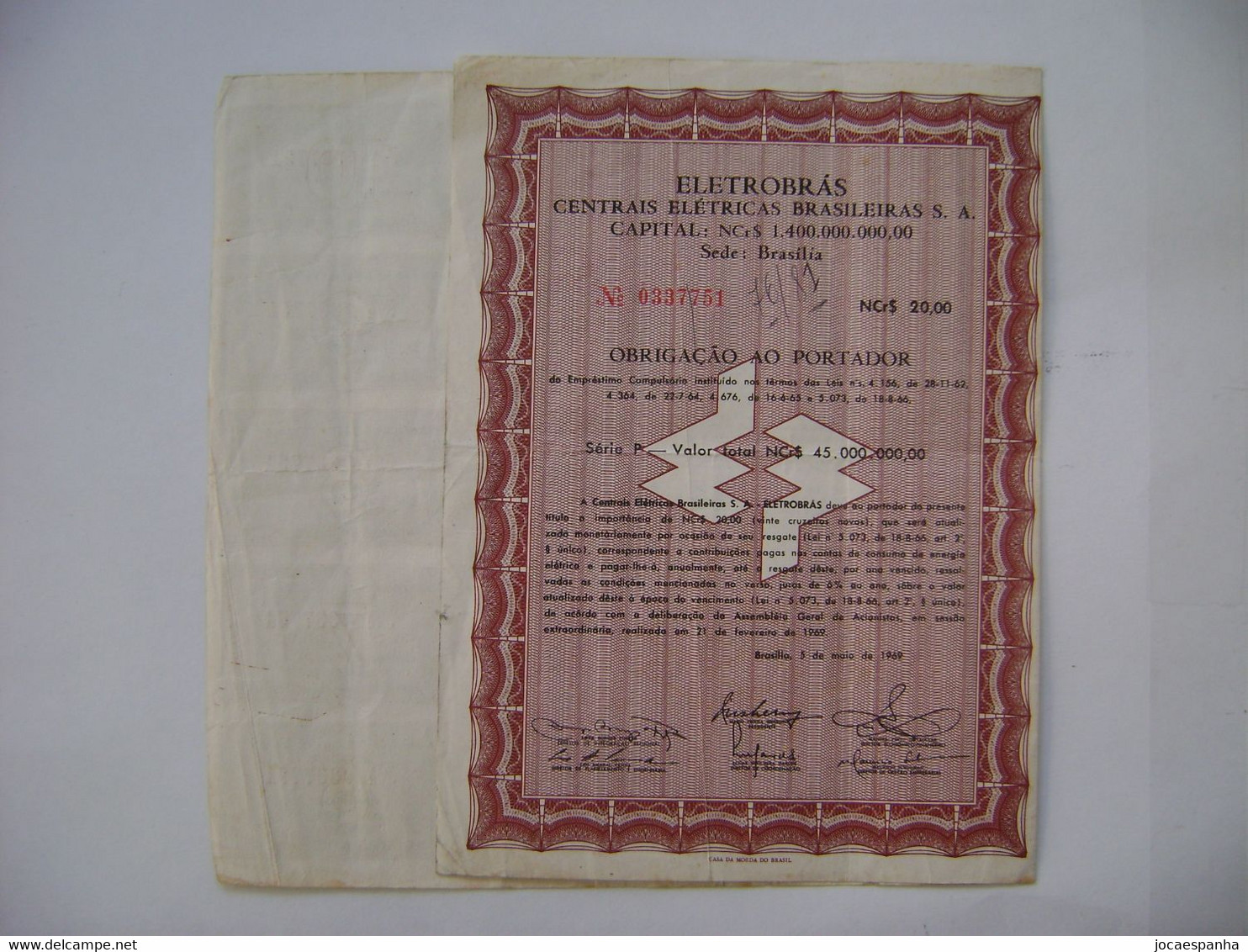 BRAZIL / BRASIL - APOLICE "ELETROBRAS" VALUE NCr $20,00 FROM 1969 WITH 15 COUPONS IN THE STATE - Elektriciteit En Gas