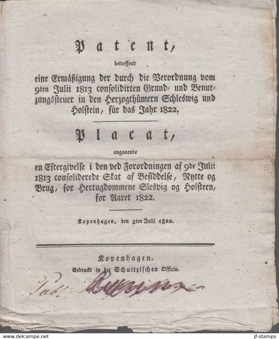 1822. DANMARK. Placat Angaaende En Eftergivelse I Den Ved Forordningen Af 9de Julii 1... () - JF410172 - ...-1851 Prephilately