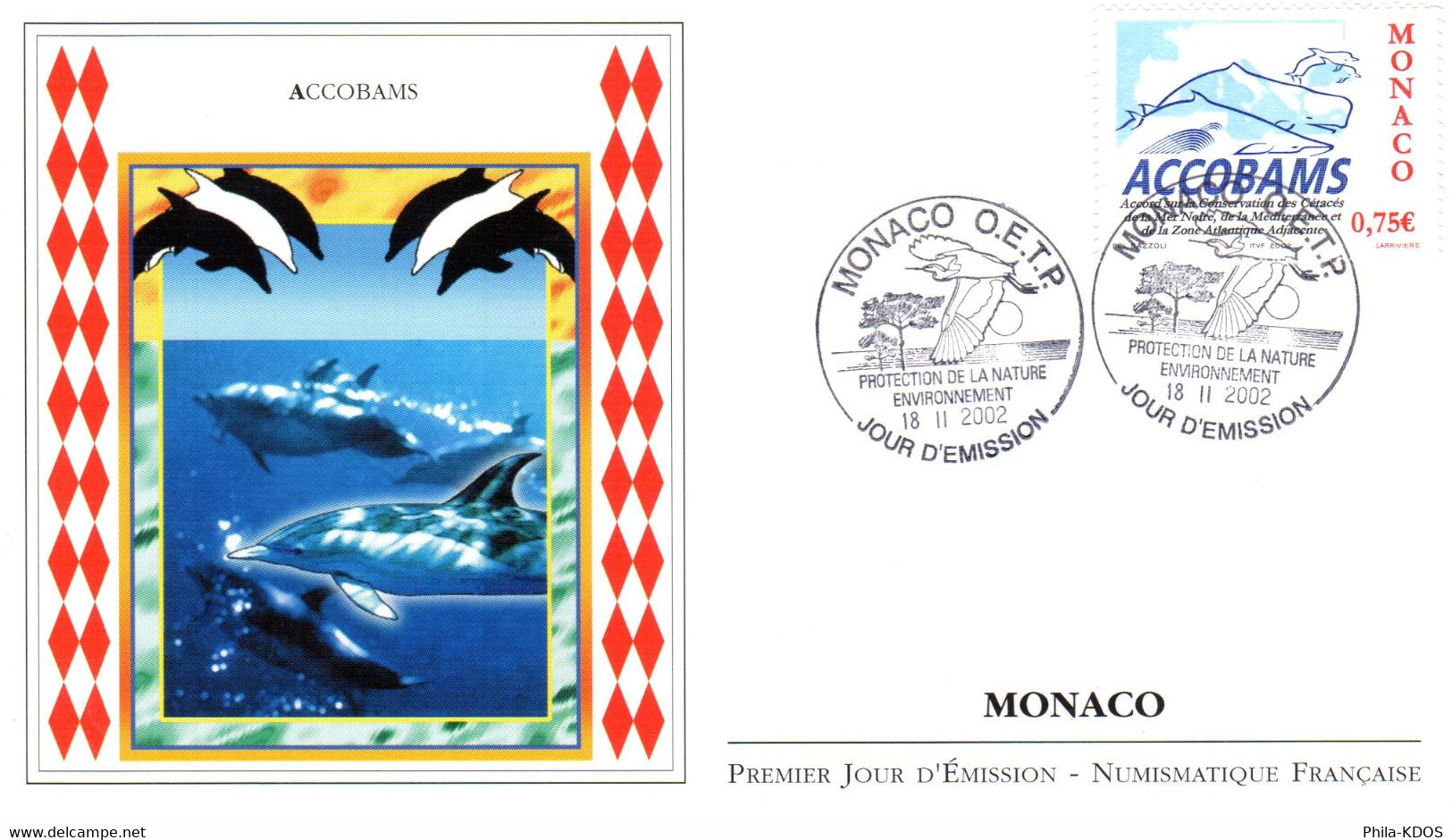 " ACCOBAMS / DAUPHINS " Sur Enveloppe 1er Jour De 2002 De Monaco. N° YT 2342. Parfait état. FDC - Dauphins