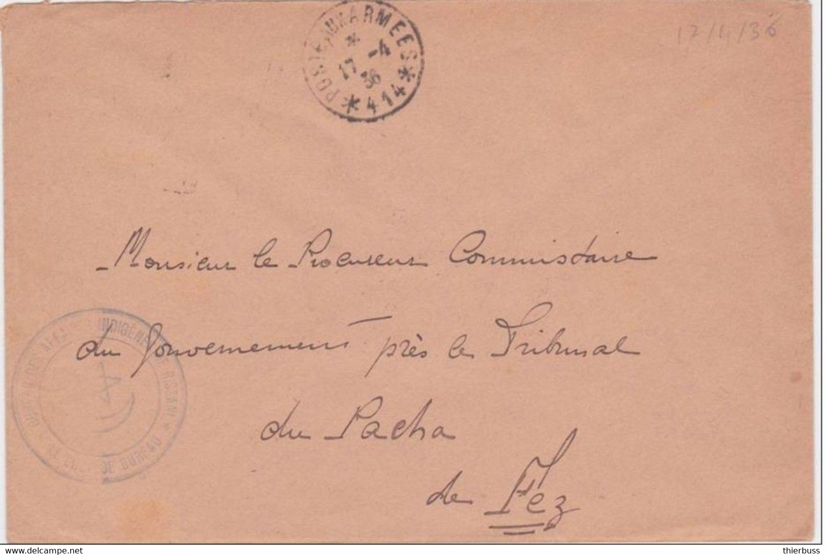 Lettre De La Poste Aux Armees 414 1936 Au Verso Daguin De Fes Ville Nouvelle Et Fes Batha Bureau Des Affaires Indigènes - Andere & Zonder Classificatie