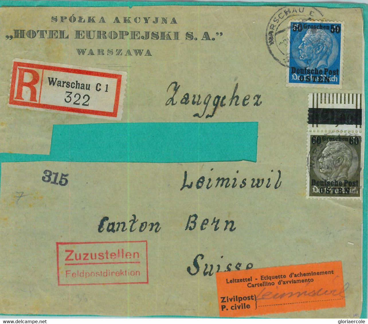 95405 - POLAND General Government - POSTAL HISTORY - HOTEL Cover FRONT - Warsaw - Other & Unclassified