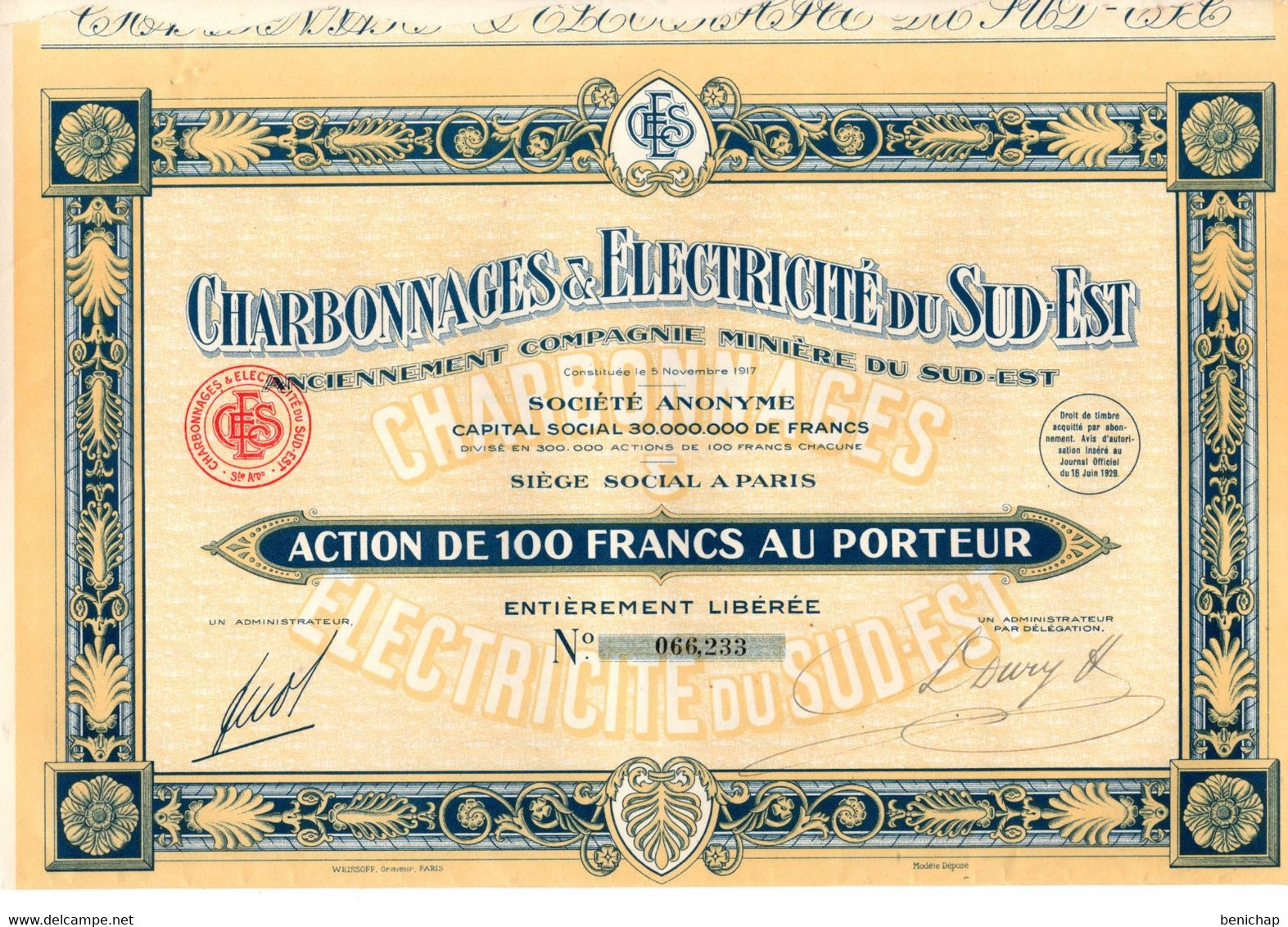 Action De 100 Frcs Au Porteur - Charbonnages & Electricité Du Sud-Est - Cie Minière Du Sud-Est - Paris 1917. - Elektrizität & Gas