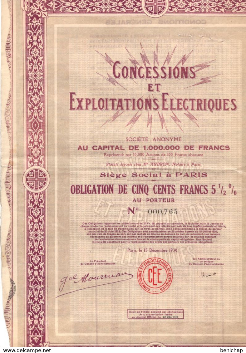 Obligation De 500 Frcs Au Porteur - Concessions Et Exploitations Electriques - Paris 1930. - Elektrizität & Gas