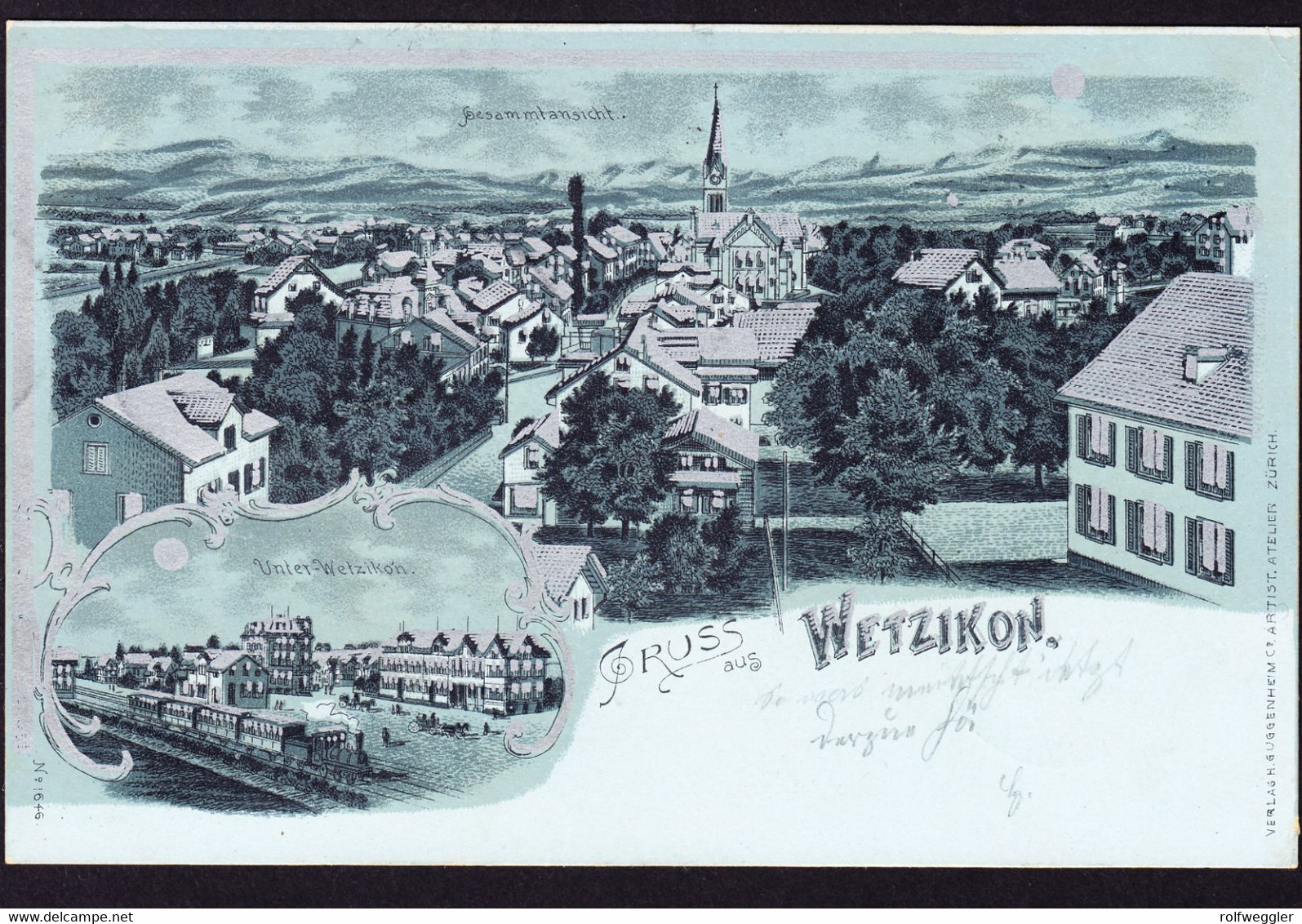 1901 Gelaufene Mondschein Litho Gruss Aus Wetzikon Mit Eisenbahn. Gestempelt Ober-Wetzikon - Wetzikon