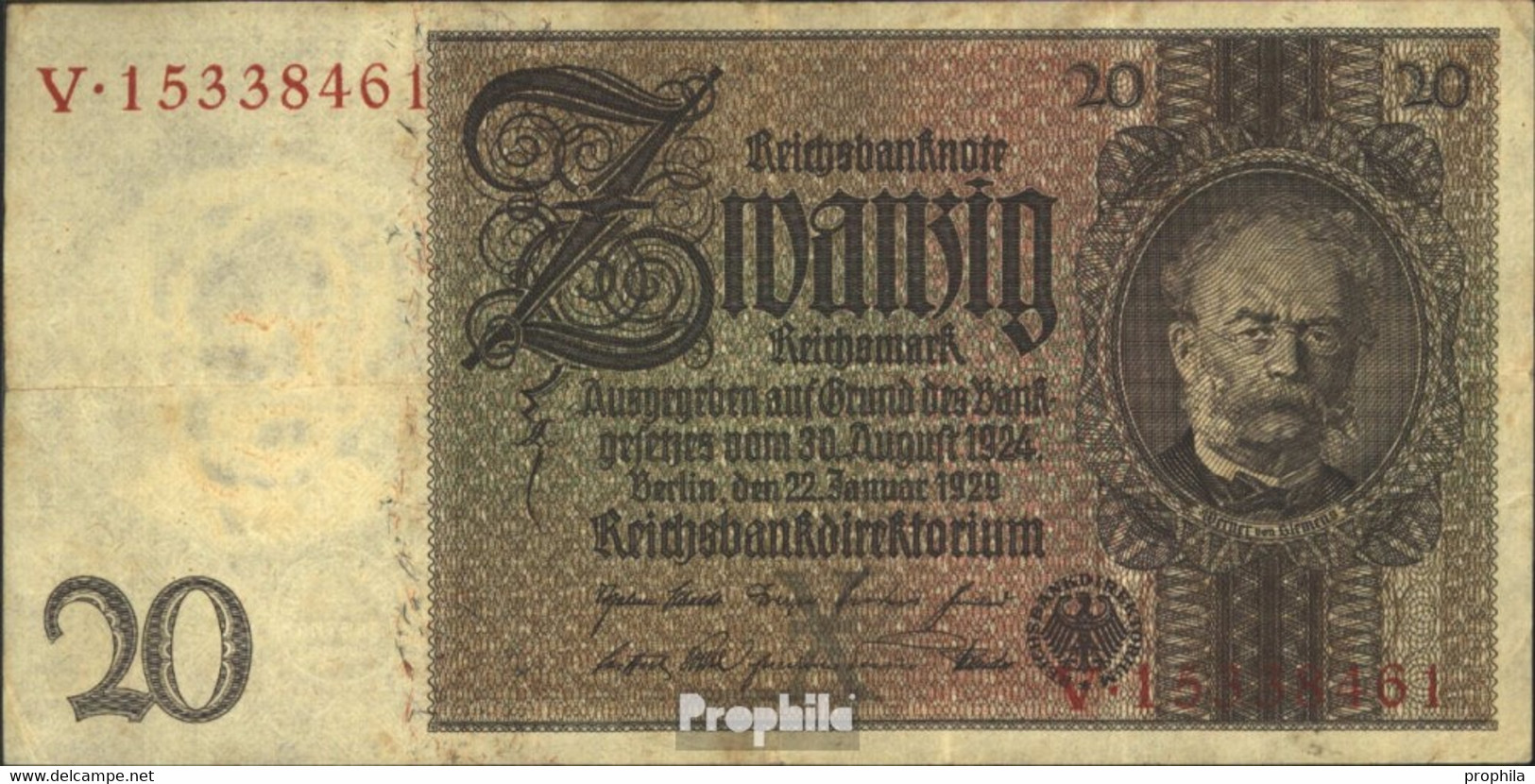 Deutsches Reich Rosenbg: 174a, Udr.-Bst.: X, Serien: V-Z Gebraucht (III) 1929 20 Reichsmark - 20 Mark