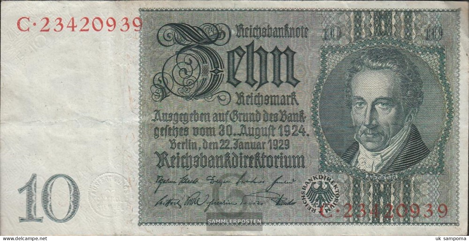 German Empire Rosenbg: 173a Udr.- Bst. G, Series: A-F, WZ. Thaer Used (III) 1929 10 Reichsmark - 10 Mark