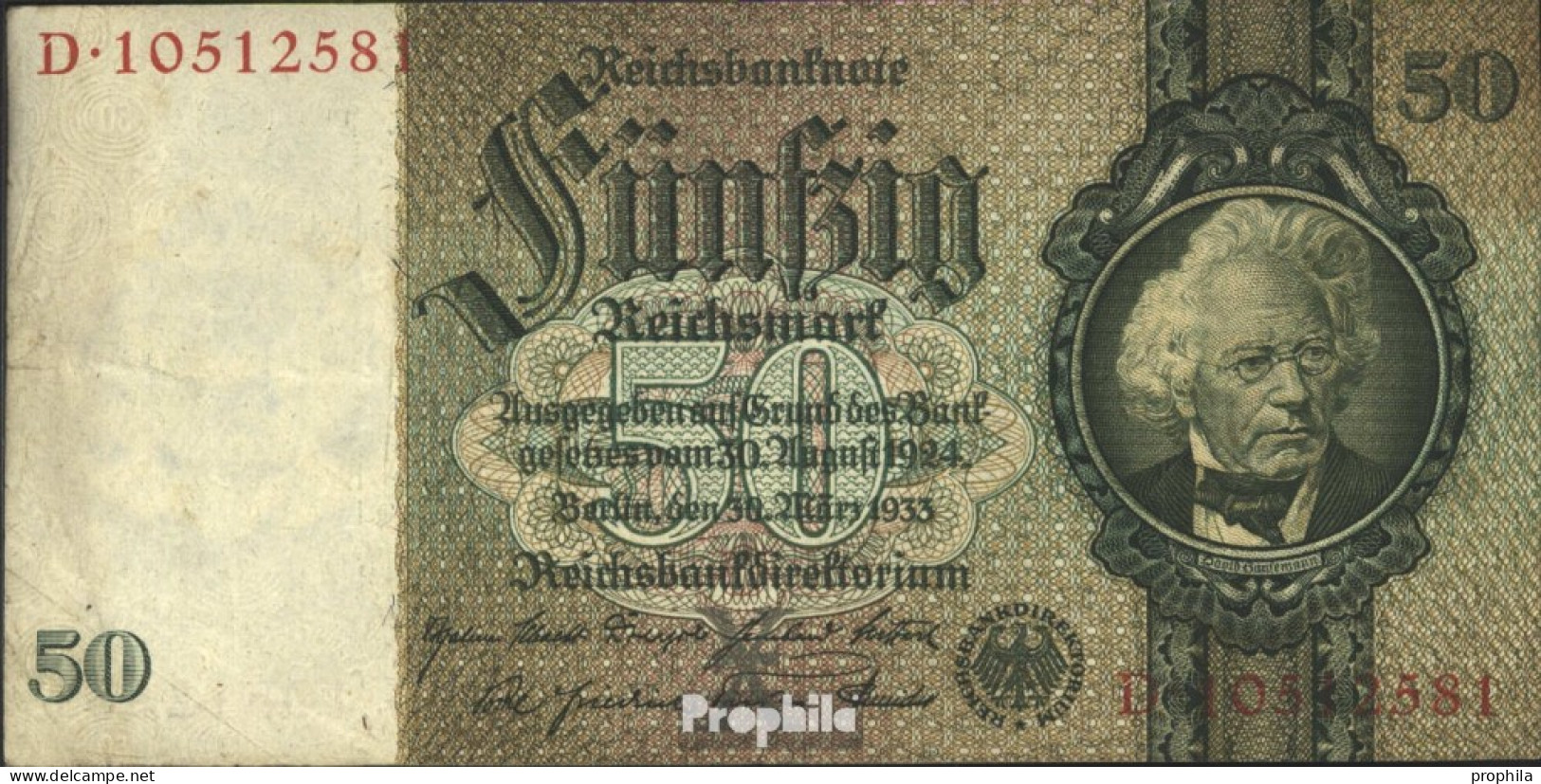 Deutsches Reich Rosenbg: 175b, Udr.-Bst.: X, Serien: A-E, KN 8-stellig Gebraucht (III) 1933 50 Reichsmark - 50 Reichsmark