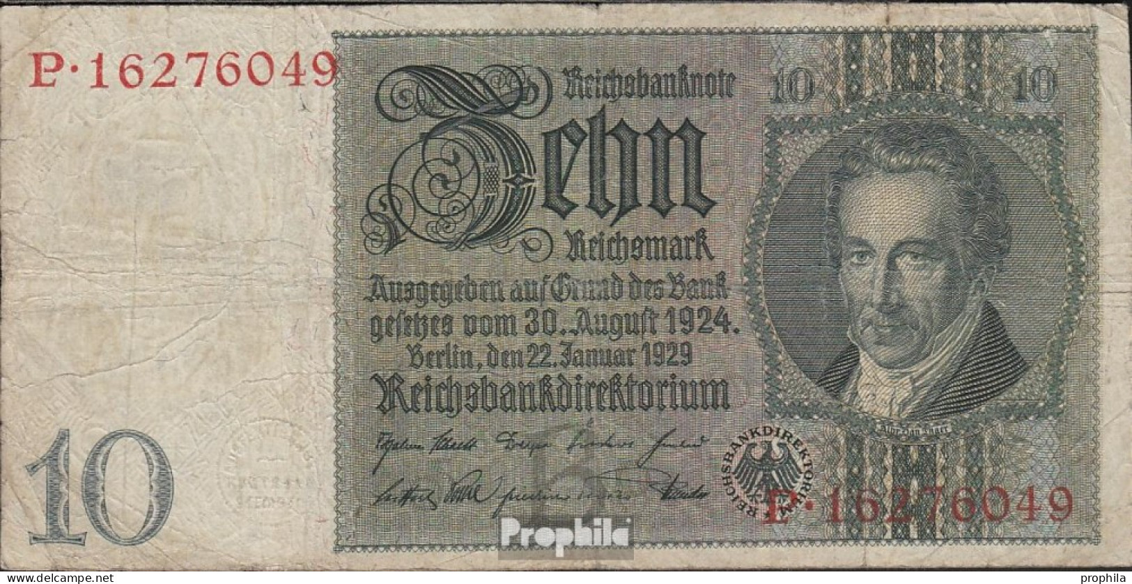 Deutsches Reich Rosenbg: 173a Udr.- Bst. B, Serien: N-S, Wz. Thaer Gebraucht (III) 1929 10 Reichsmark - 10 Mark