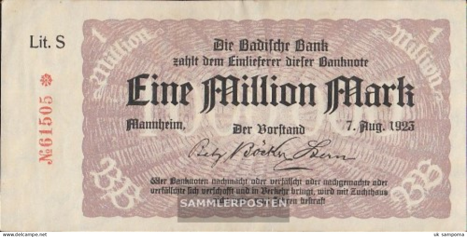 Baden Rosenbg: BAD11a, Länderbanknote Baden, KN 5-stellig Used (III) 1923 1 Million. Mark - 1 Million Mark