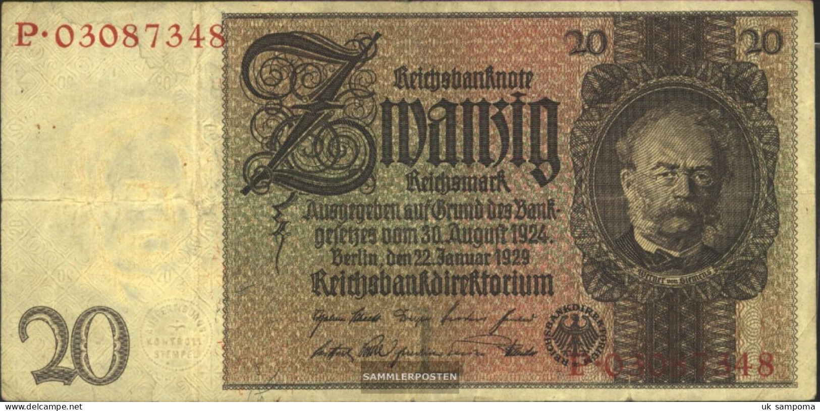 German Empire Rosenbg: 174a, Udr.-Bst.: L, Series: L-P Used (III) 1929 20 Reichsmark - 20 Mark