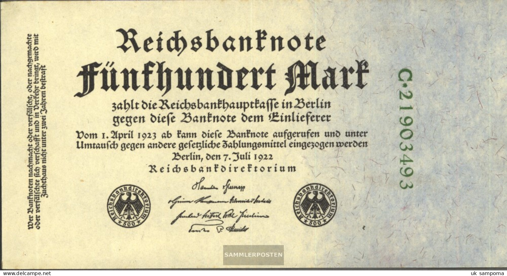 German Empire Rosenbg: 71c, 8stellige Kontrollnummer Used (III) 1922 500 Mark - 500 Mark