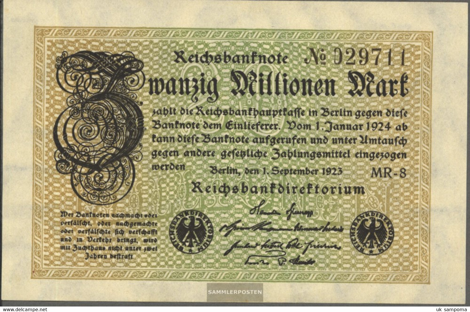 German Empire Rosenbg: 107e, Watermark Hakensterne 6stellige Kontrollnummer Used (III) 1923 20 Million Mark - 20 Mio. Mark