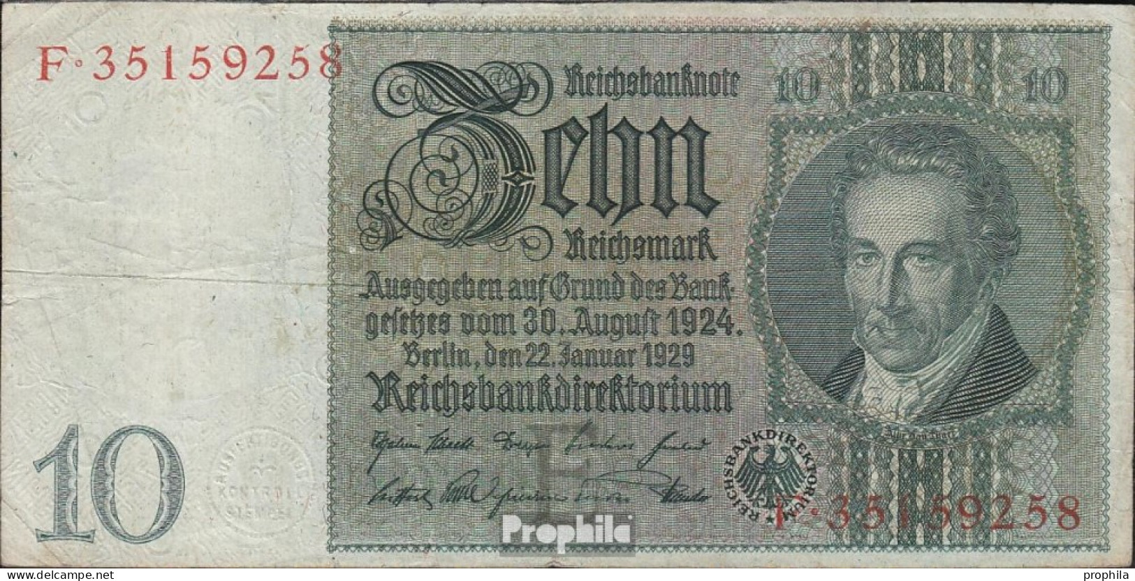 Deutsches Reich Rosenbg: 173a, Udr.-Bst. E, Serien: A-F, Friedensdruck, Wz. Thaer Gebraucht (III) 1929 10 Reichsmark - 10 Mark