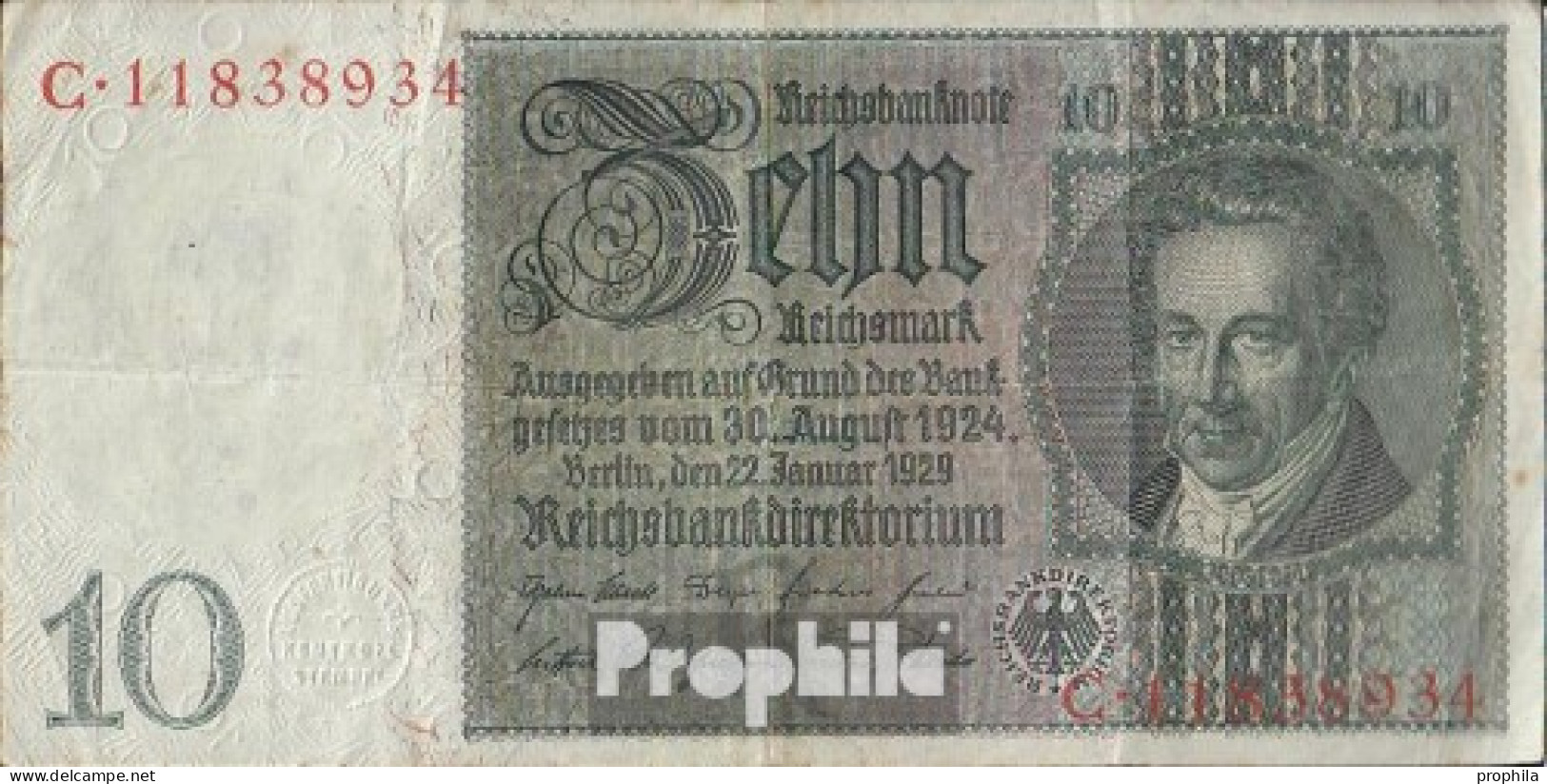 Deutsches Reich Rosenbg: 173a Udr.- Bst. R, Serien: A-F, Wz. Thaer Gebraucht (III) 1929 10 Reichsmark - 10 Mark