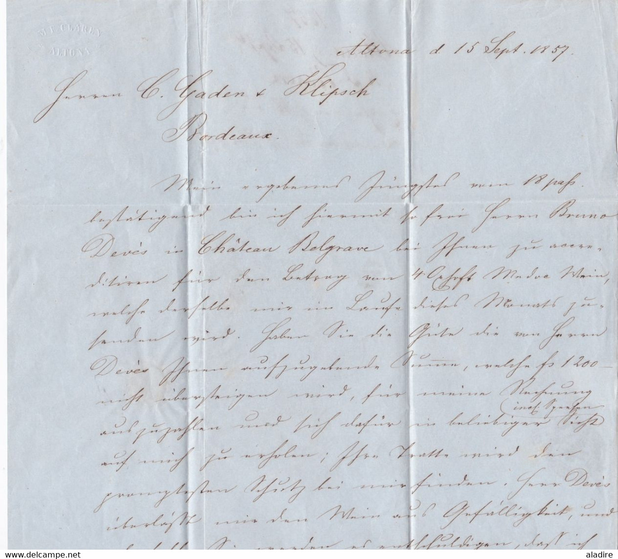 1857 - Lettre pliée d' Altona Hamburg, Allemagne vers Bordeaux, France - cad entrée - via Paris - convoyeur