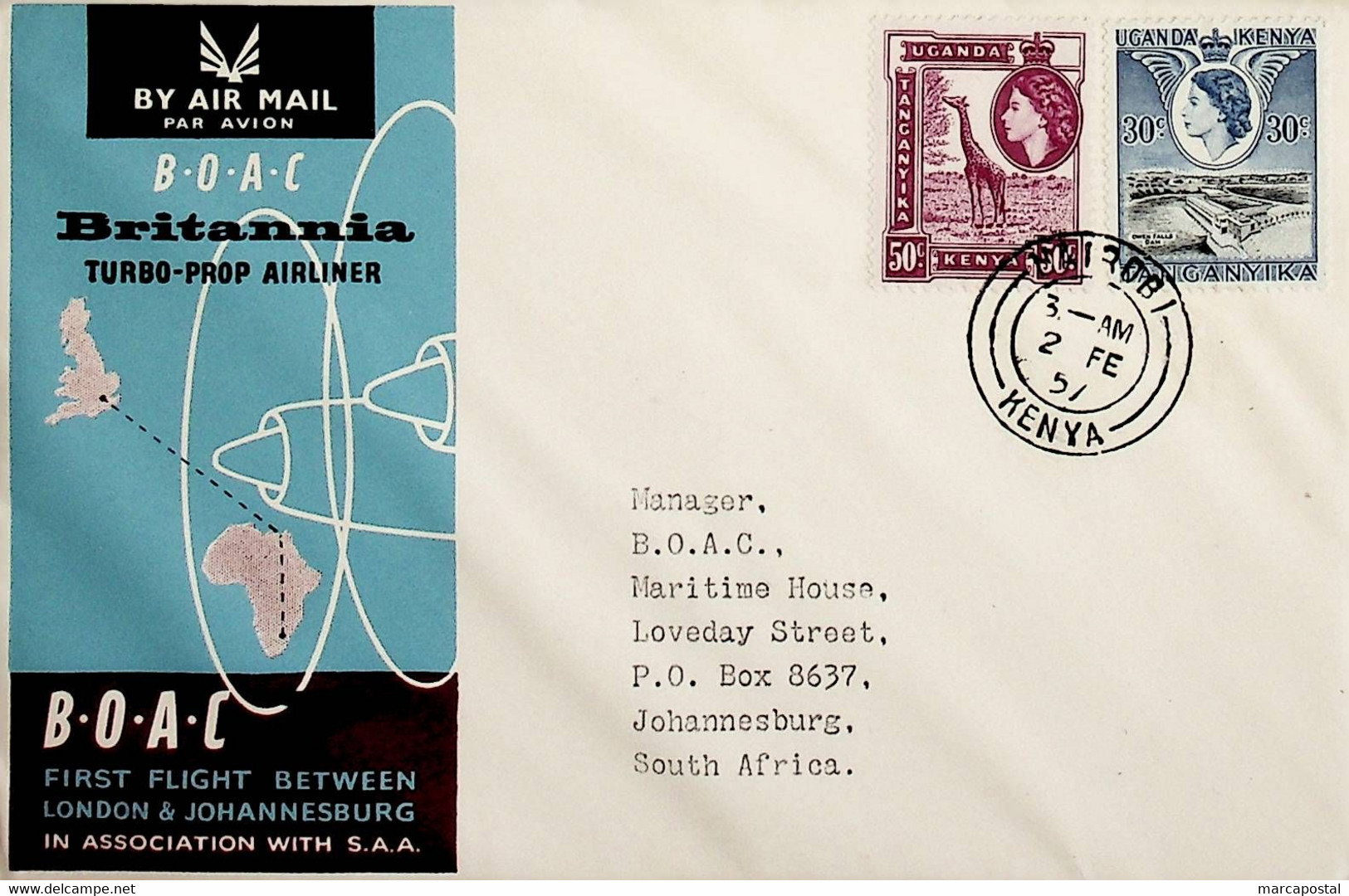 1957 Kenya 1st BOAC Flight London - Johannesburg (Link Between Nairobi And Johannesburg) - Sonstige & Ohne Zuordnung