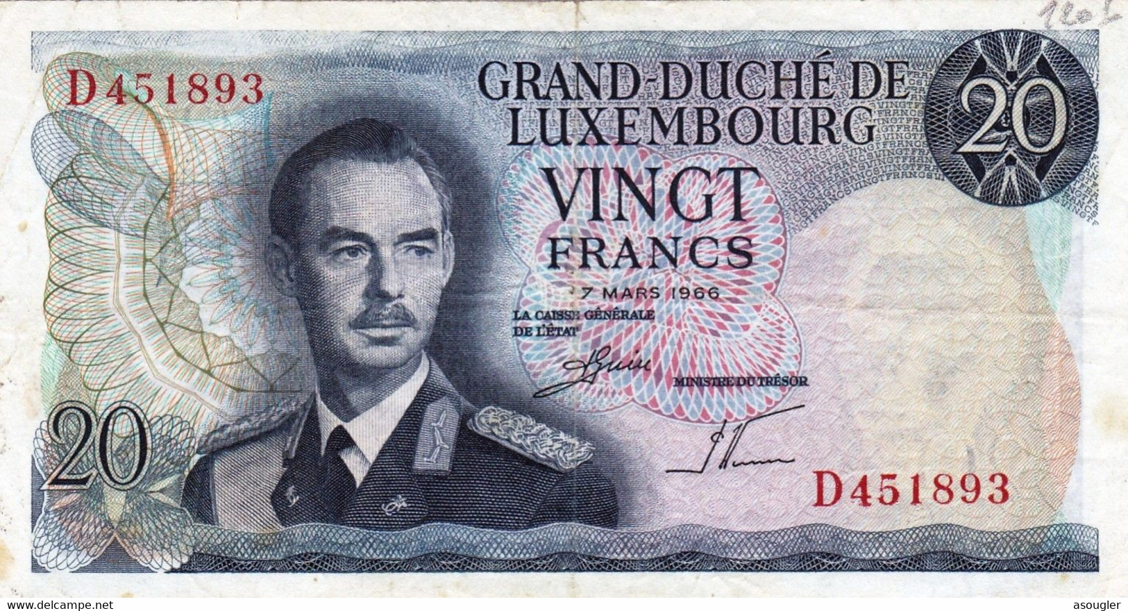 LUXEMBOURG 20 Francs 1966 VF P-54a "free Shipping Via Regular Air Mail (buyer Risk) - Luxemburg