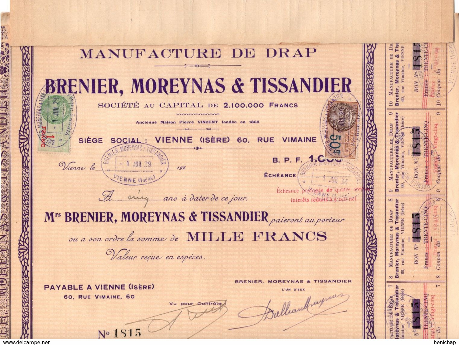 Action De 1000 Frcs Au Porteur - Manufacture De Drap - Brenier, Moreynas & Tissandier - Vienne - Isère - 1929. - Textile