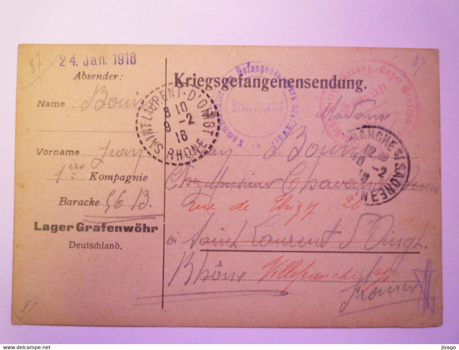 2020 - 8793  LAGER GRAFENWÖHR  :  Kriegsgefangenensendung  1916   XXX - Grafenwöhr