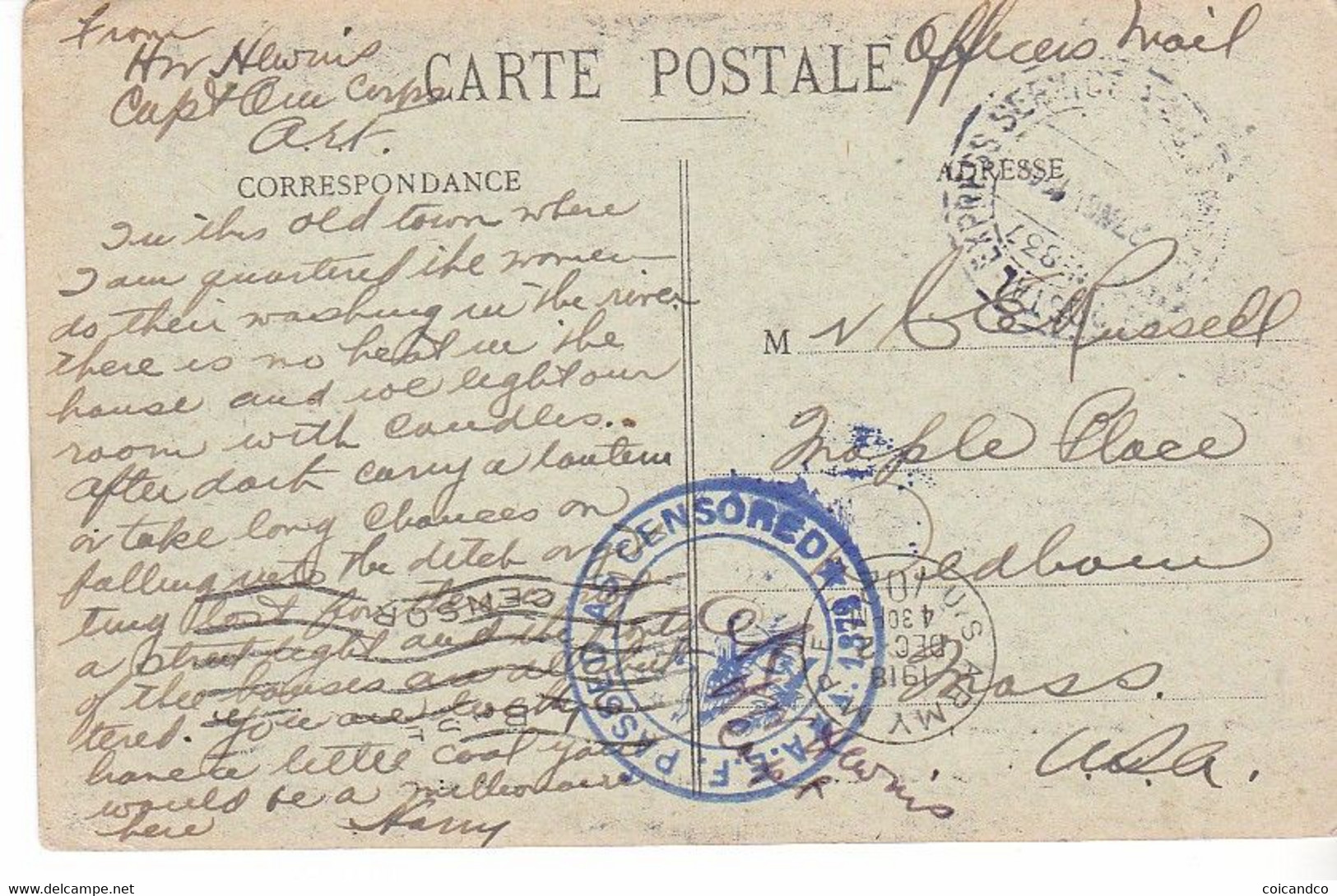 CPA Old Pc France Chateau Sur Loir Troglodyte WW1 USA 27/11/1918 Censored Officer Mail - Autres & Non Classés