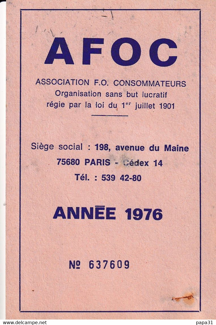 AF0C   ASSOCIATION DES CONSOMMATEURS   CARTE D'ADHERENT  1976 - Syndicats
