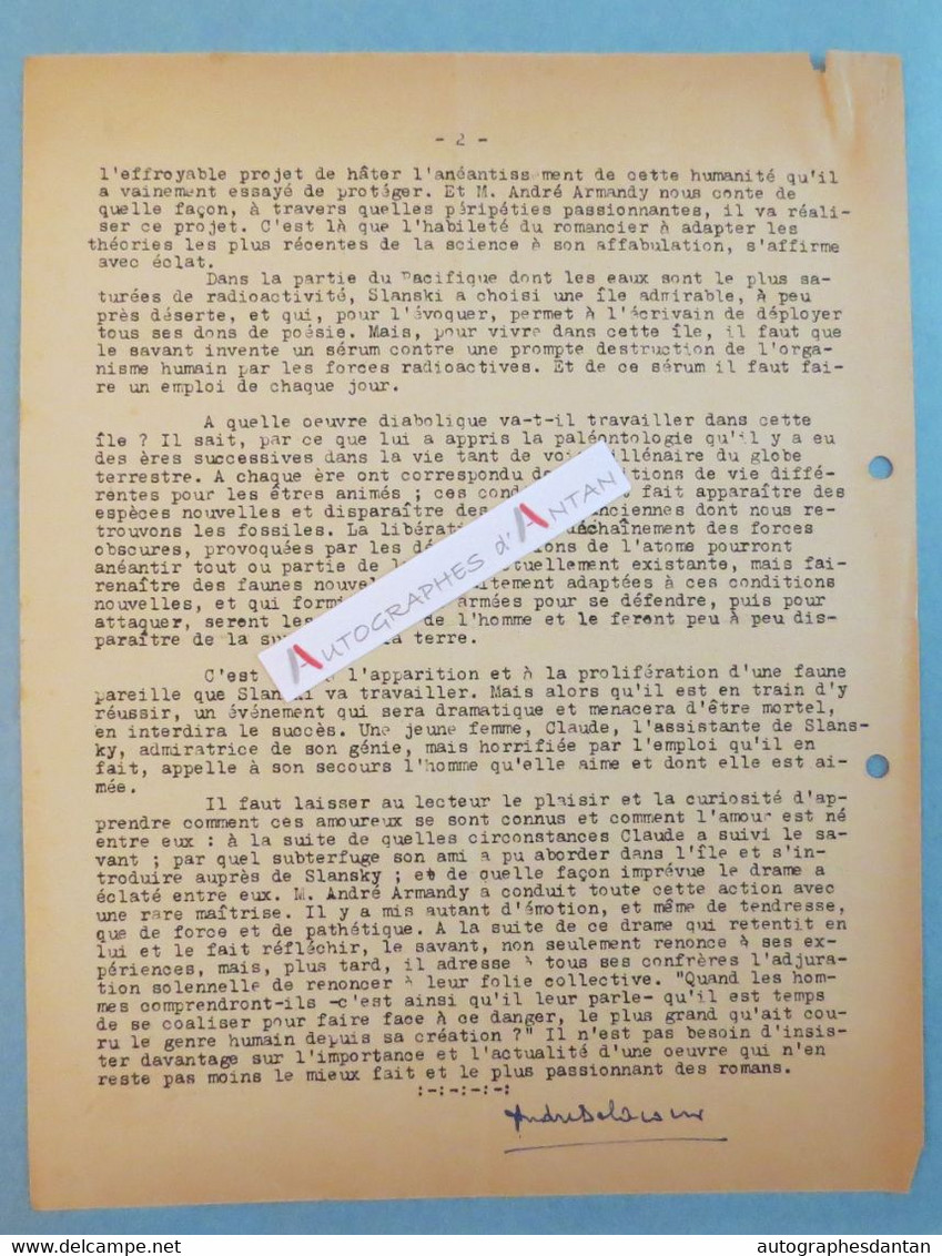 L.A.S 1955 André DELACOUR Ecrivain H De Radio Né à RODEZ > André ARMANDY Fossiles En Sursis Dumoncel - Lettre Autographe - Schriftsteller