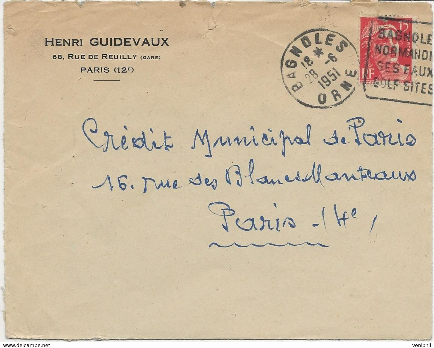 LETTRE OBLITERATION DAGUIN - " - BAGNOLES-NORMANDIE SES EAUX -GOLF SITES - ANNEE 1951 - Maschinenstempel (Sonstige)