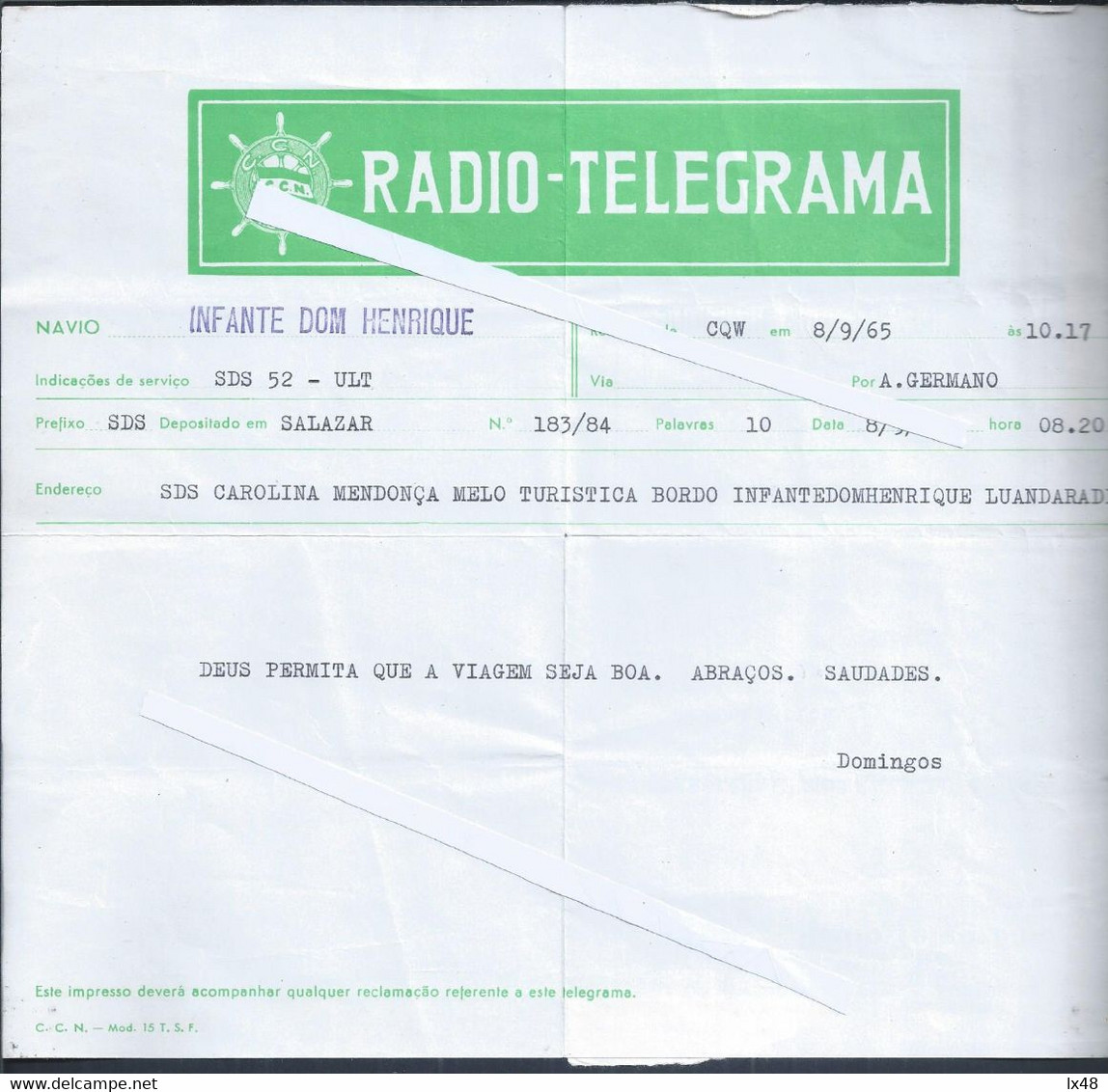 Radio Telegram Colonial Navigation Company - CCN. Ship Prince Henry. Delivered In Salazar. CQW 1965. TSF.  Rare - Cartas & Documentos