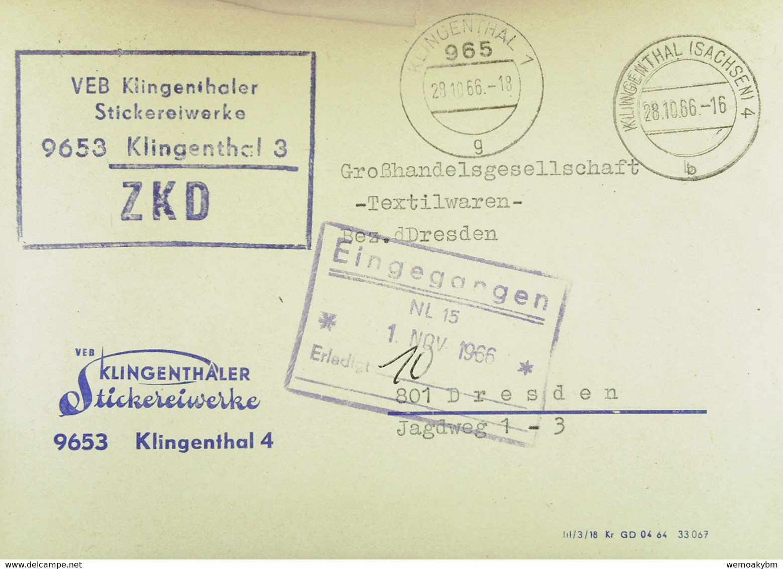 Fern-Brief Mit ZKD-Kastenst "VEB Klingenthaler Stickereiwerke 9653 Klingenthal 3" 28.10.66 An GHG Textilwaren Dresden - Cartas & Documentos