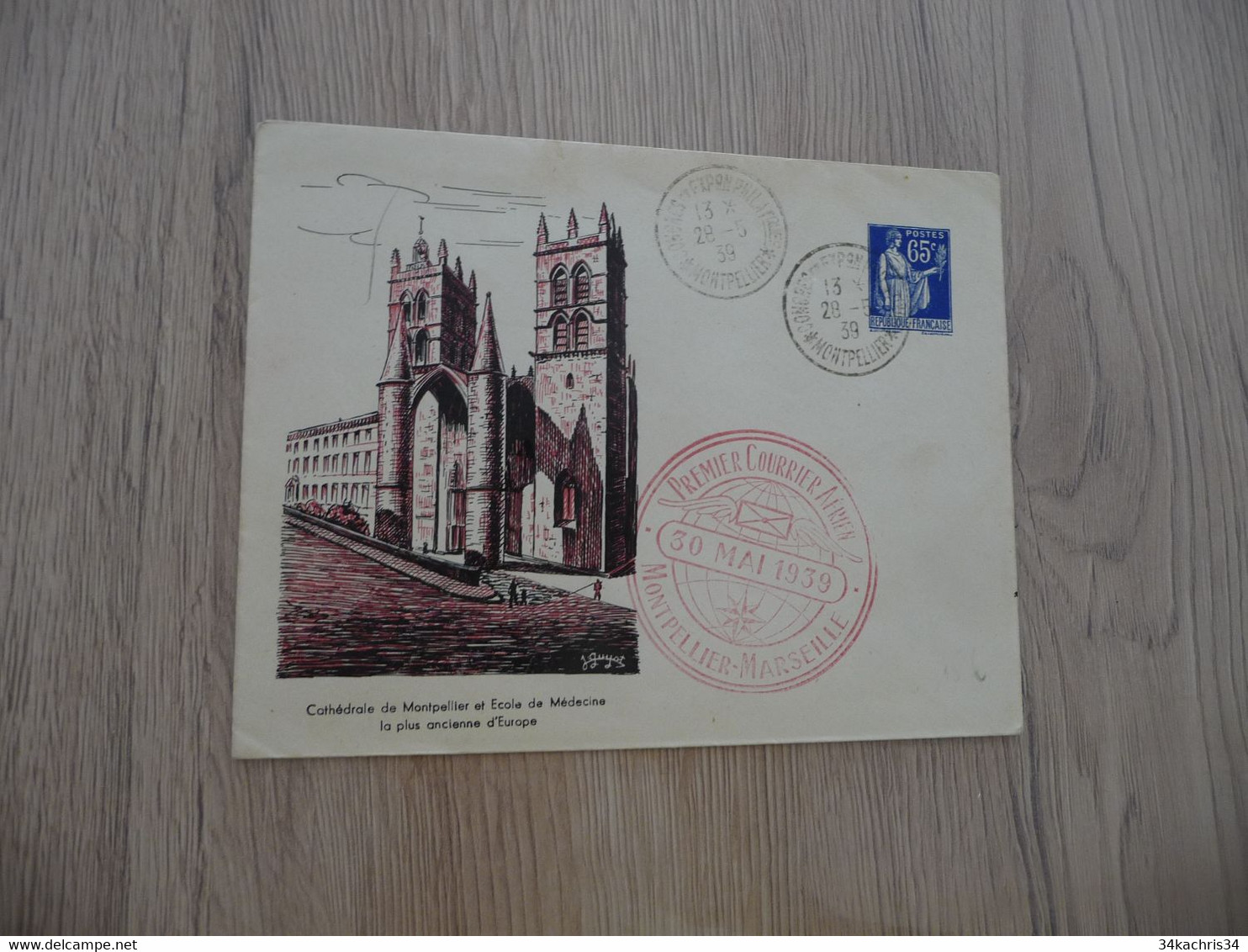 Lettre France Entier Repiquage Illustration Montpellier Sur 65c Type Paix + Cachet Premier Vol Montpellier Marseille - Bigewerkte Envelop  (voor 1995)