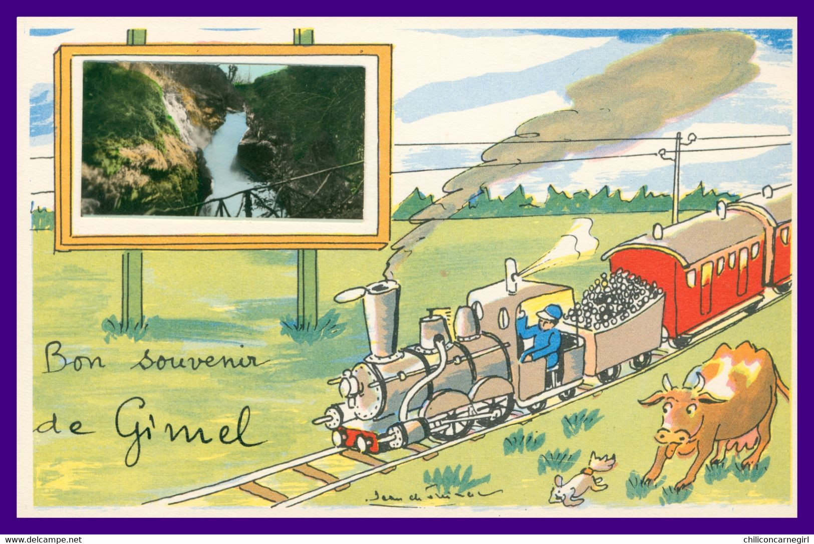 Illustration JEAN DE PREISSAC - Fantaisie Montage - " Bon Souvenir De GIMEL " - Train - Vache - Chien - Preissac