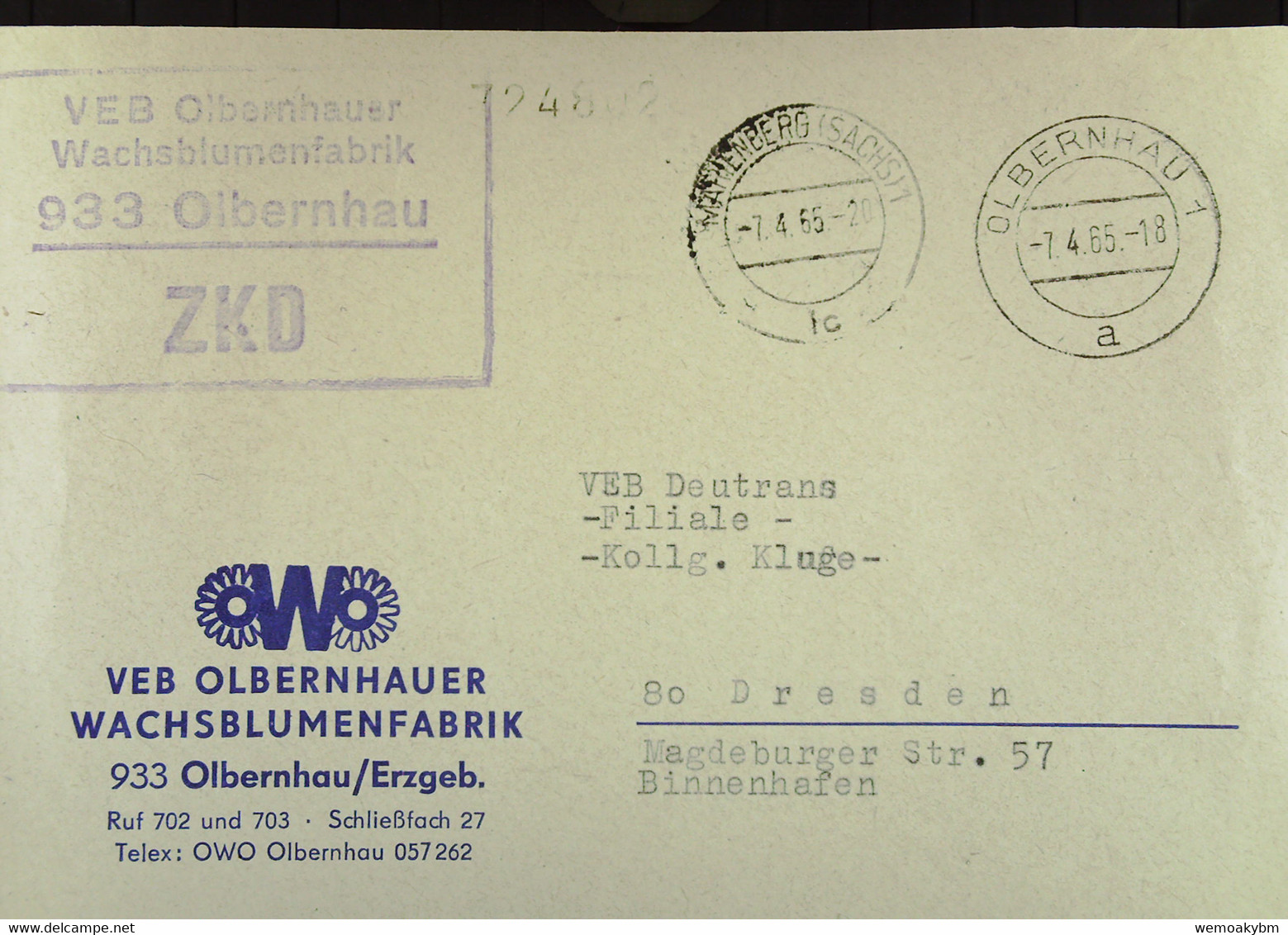 Fern-Brief Mit ZKD-Kastenstempel "VEB Olbernhauer Wachsblumenfabrik 933 Olbernhau" 7.4.65 An VEB Deutrans Dresden - Cartas & Documentos