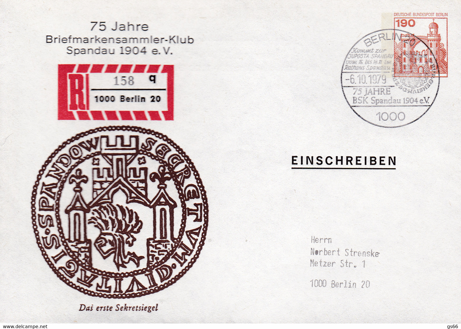 Berlin, PU 080 2/001, Briefmarkensammler-Klub Spandau, Eingedruckter R-Zettel, Nr. 158 Q - Private Covers - Used