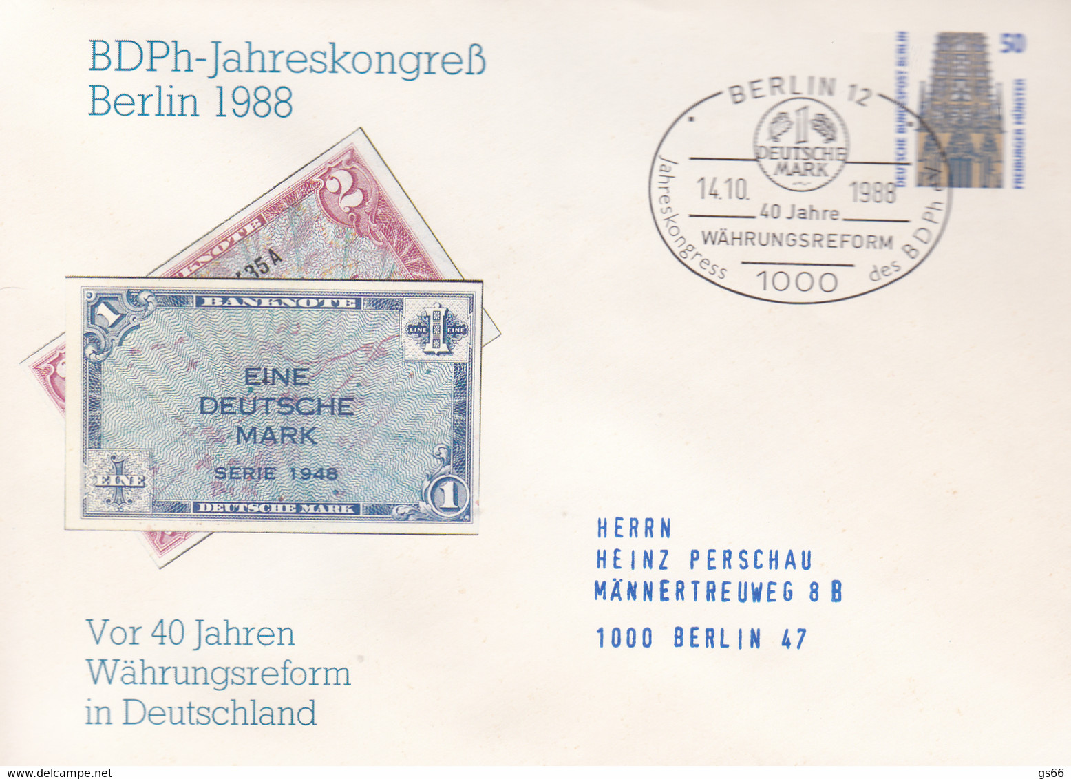 Berlin, PU 136 C2/002a,  BDPh Kongreß 1988, 40 Jahre Währungsreform - Private Covers - Used