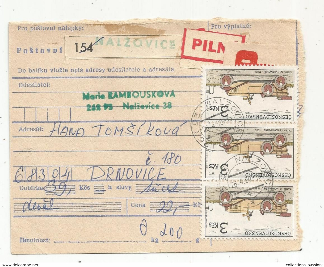 Tchecoslovaquie , Ceskoslovensko , 1990 ,  NALZOVICE 154 , DRNOVICE , 7 Timbres , 2 Scans , Pilné - Covers & Documents