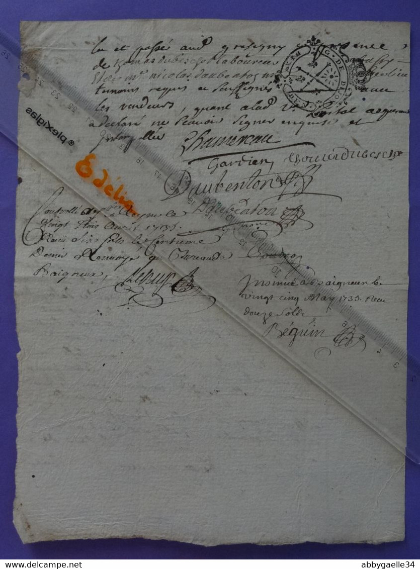 1735 Généralité De DIJON (Côte D'or) Papier Timbré Du N°200 De "DIX SOLS" + Contremarque N°210 "DIX DEN." Baigneux - Seals Of Generality
