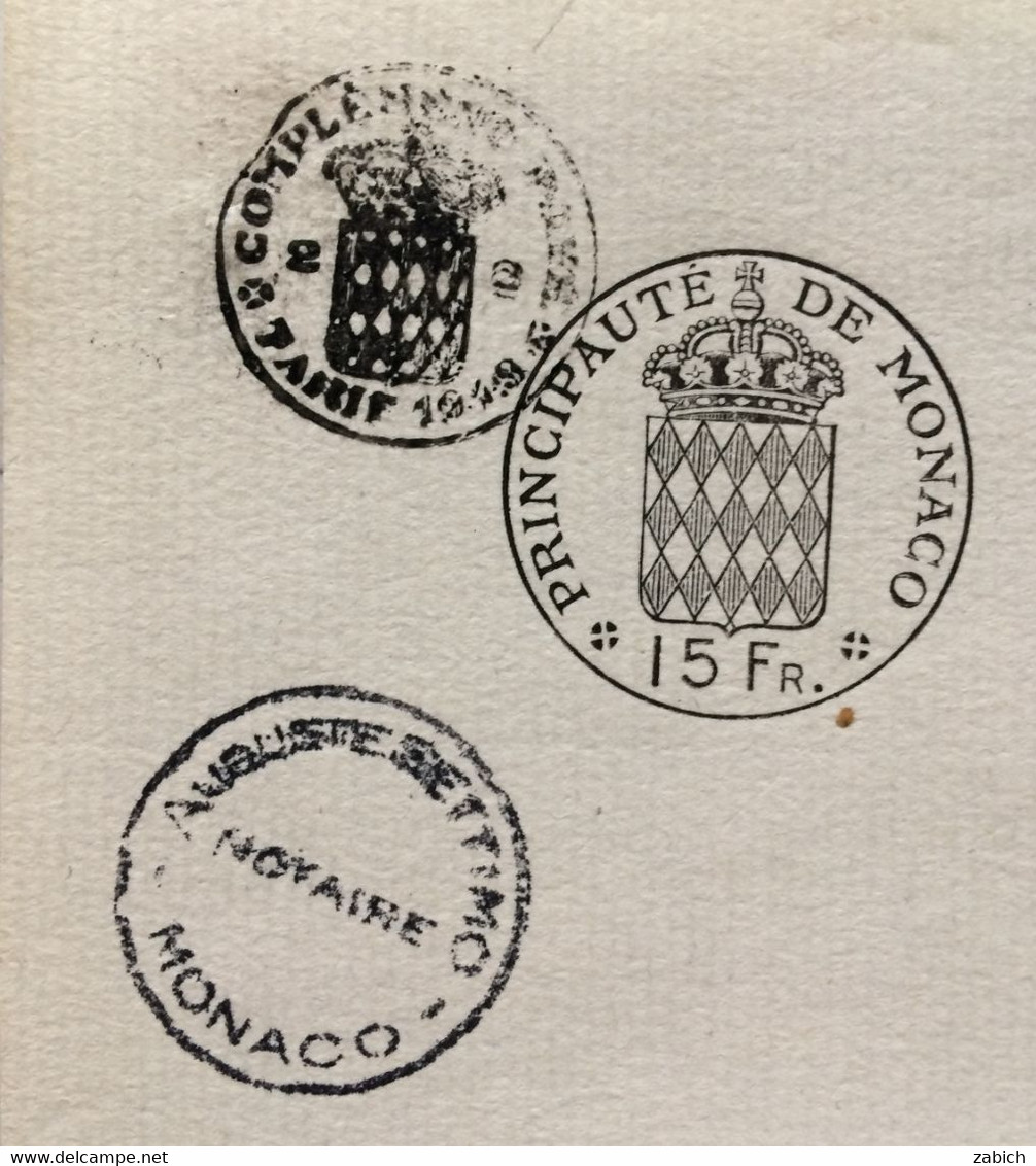 FISCAUX DE MONACO  PAPIER TIMBRE 1952 BLASON  15 Fr + Complément Payé Au Tarif De 1949  Filigrane RAINIER III - Revenue