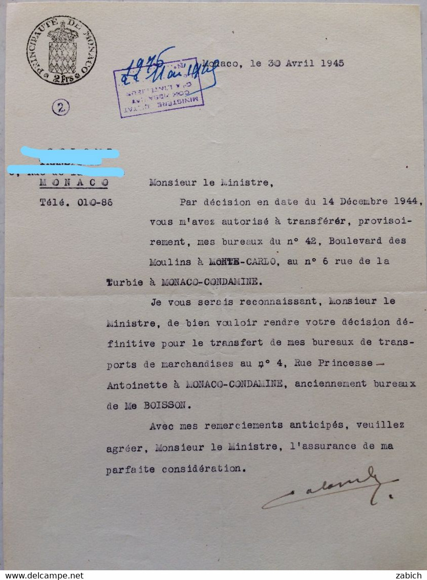 FISCAUX DE MONACO PAPIER TIMBRE 1945 BLASON 2FRS   FILIRANE LOUIS  II - Revenue
