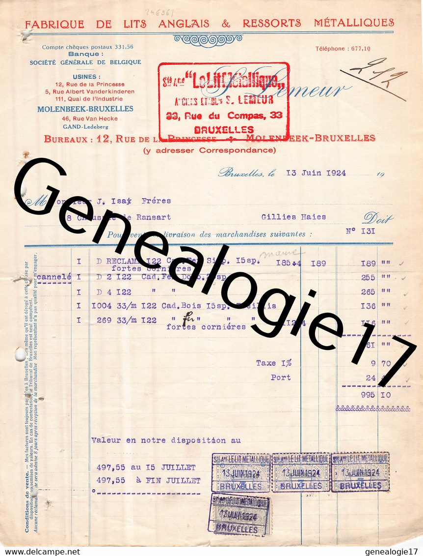 96 2744 BELGIQUE BRUXELLES 1924 Fabrique De Lits Anglais S. LEMEUR Rue De Compas Et Rue De La Princesse MOLENBEEK ( Usin - Ambachten