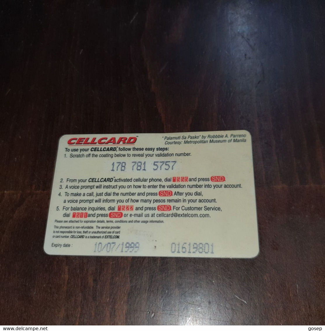 Phillipines-cellcard Exelcom Plastic Card-(p250)-(10.7.1999)-used Card +1card Prepiad Free - Philippinen