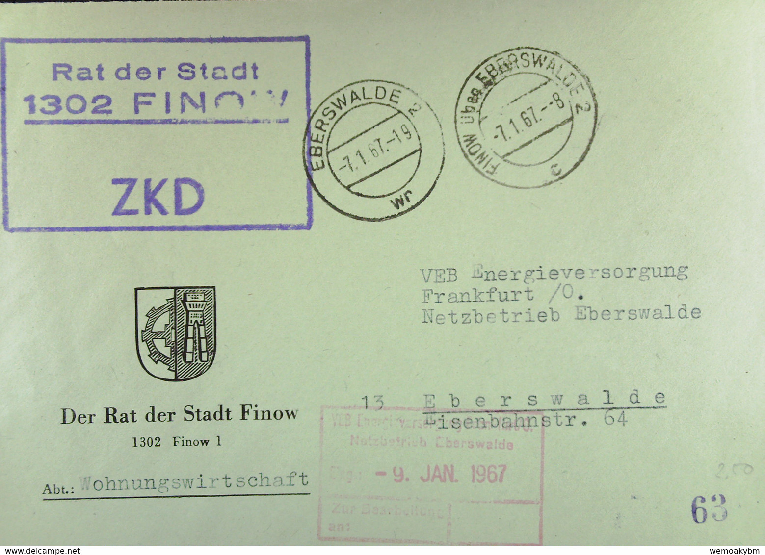 Fern-Brief Mit ZKD-Kastenstpl "Rat Der Stadt 1302 FINOW" 7.1.67 An VEB Energieversorgung Eberswalde Mit Rotem Eing-Stpl - Covers & Documents