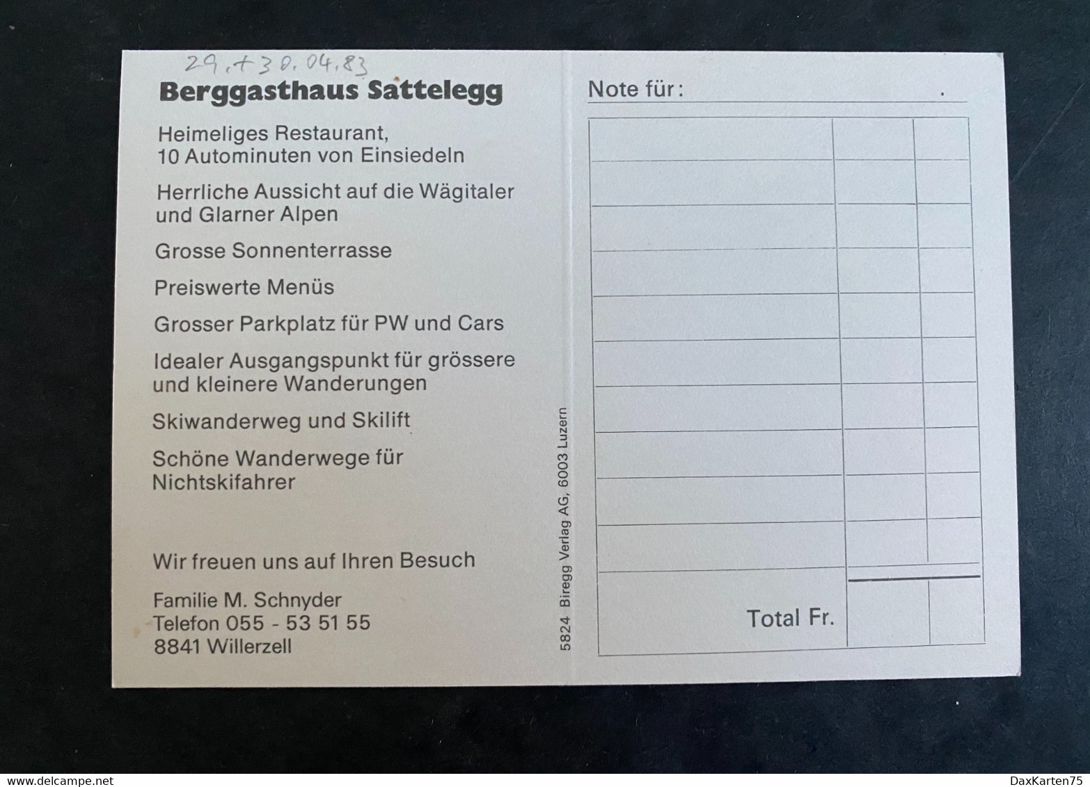 Sattelegg Berggasthaus/ Faltkarte - Sattel