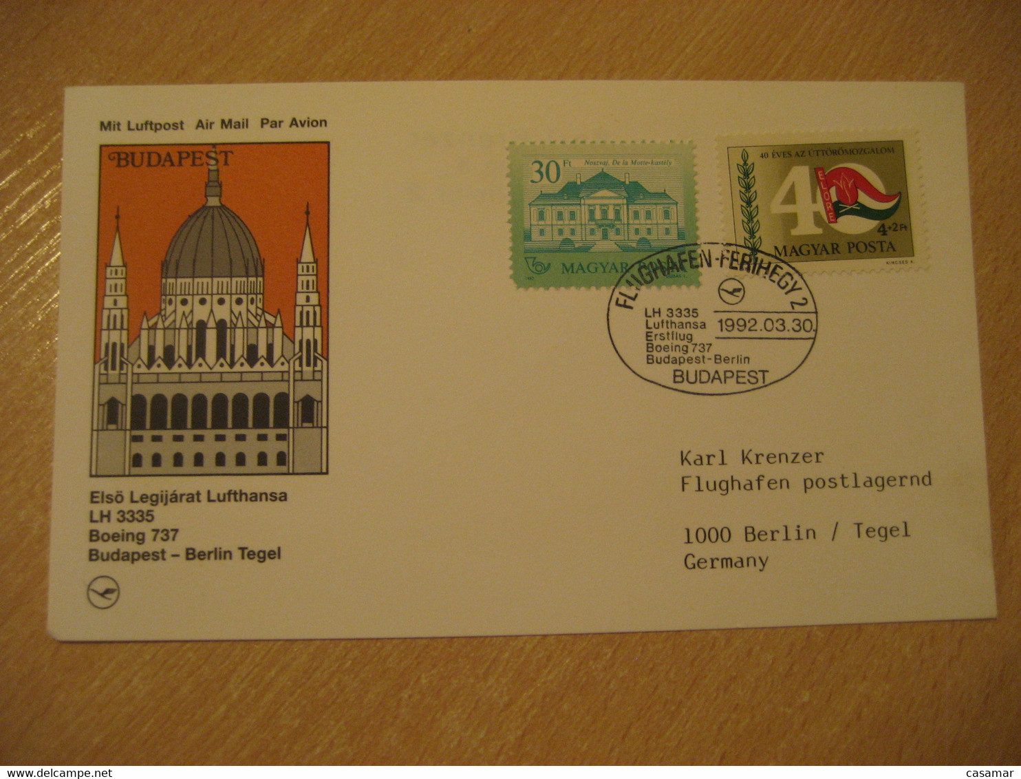 BUDAPEST Berlin Tegel 1992 Lufthansa Airlines Airline Boeing 737 First Flight Cancel Card HUNGARY GERMANY - Covers & Documents