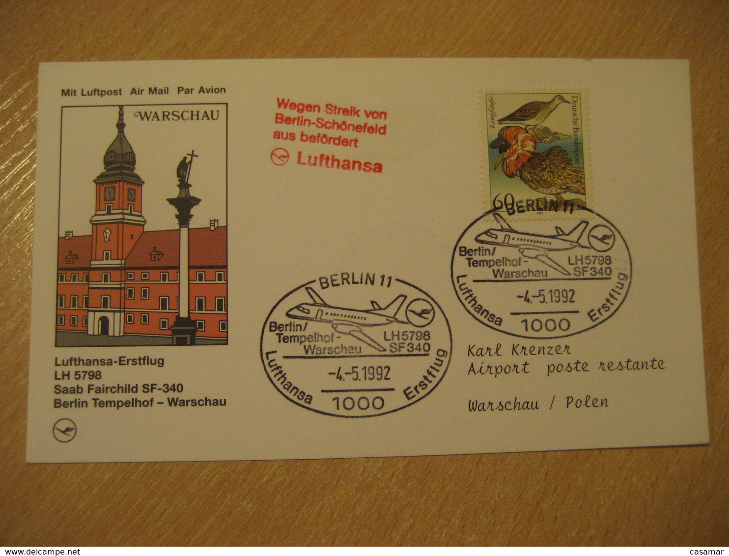 WARSZAWA Warsaw Berlin Tempel 1992 Lufthansa Airlines Saab Fairchild SF-340 First Flight Cancel Card POLAND GERMANY - Flugzeuge