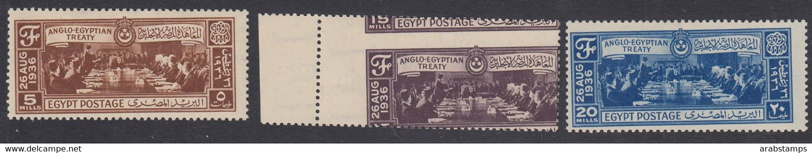 1936 Egypt The Egyptian-English Treaty Royal Perforated Oblique Complete Set 3 Values Watermark Rare S.G.245-247 MNH - Unused Stamps