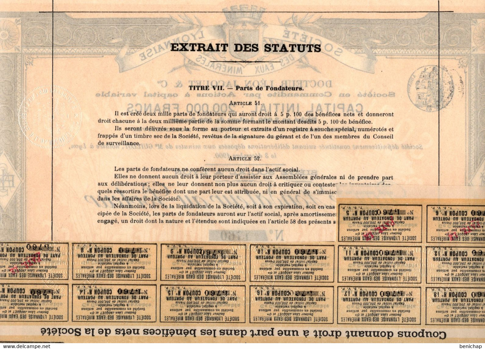 Part De Fondateur Au Porteur -  Société Lyonnaise Des Eaux Minérales - Docteur Léon Jacquet & Cie - Lyon 1901. - Agua